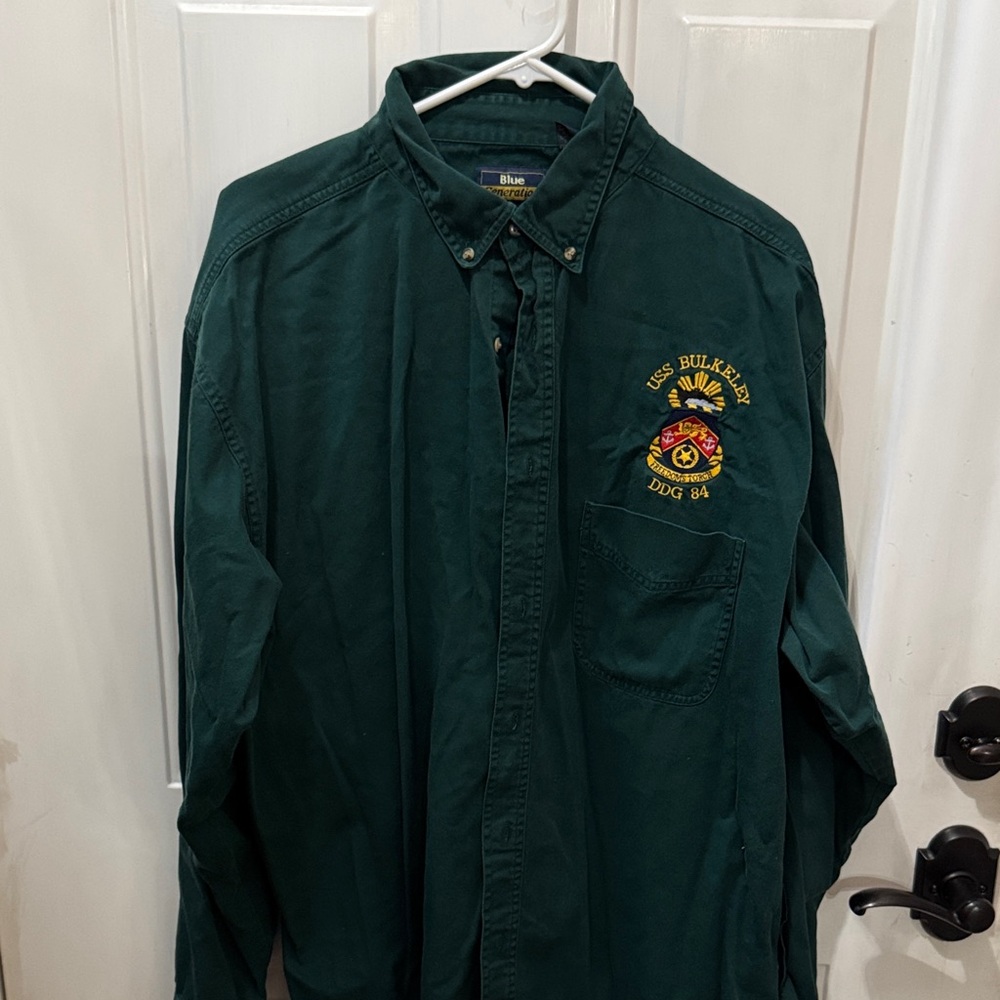 Men's Green Button-Down Long Sleeve Shirt Embroidered USS Bulkeley
